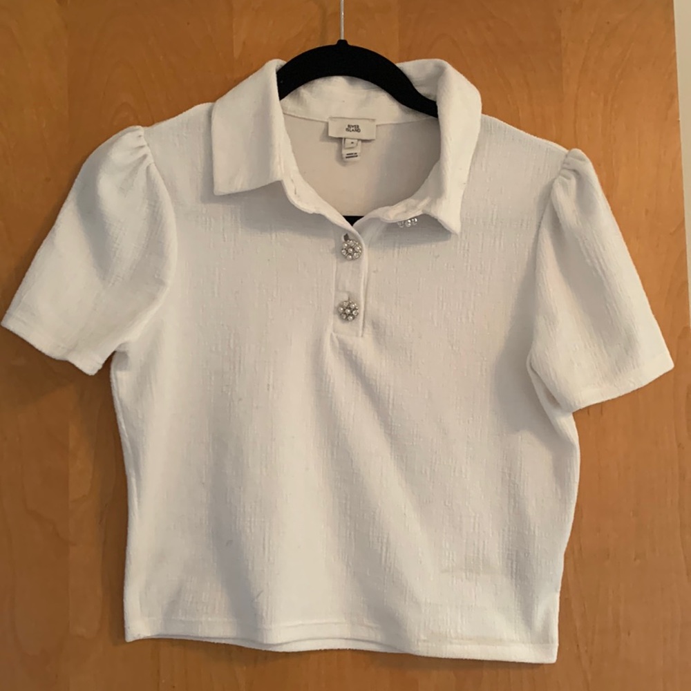 River Island White Short Sleeve Shirt Sparkle Buttons Size US 4